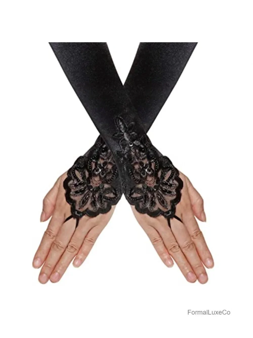 17.5in Opera Gloves Fingerless Floral Embroidery Sequins Satin Bridal Elbow